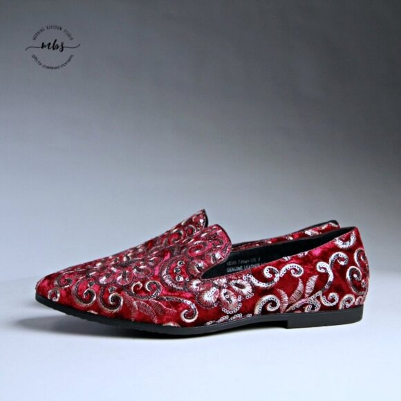 NWT Amali Fabian Embroidered Sequin Driving Loafers Red Rose Gold Men 8 - Picture 4 of 13